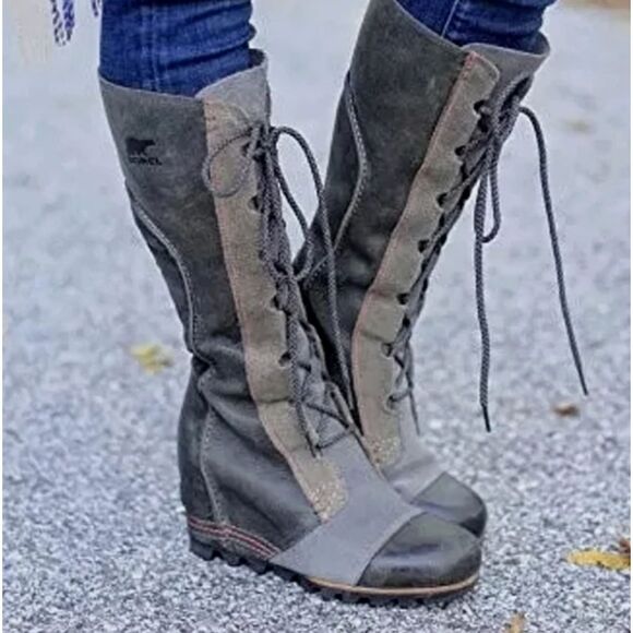 Sorel Womens Tall Cate the Great Wedge Boots Size 10 Heeled Leather Charcoal - Picture 1 of 16